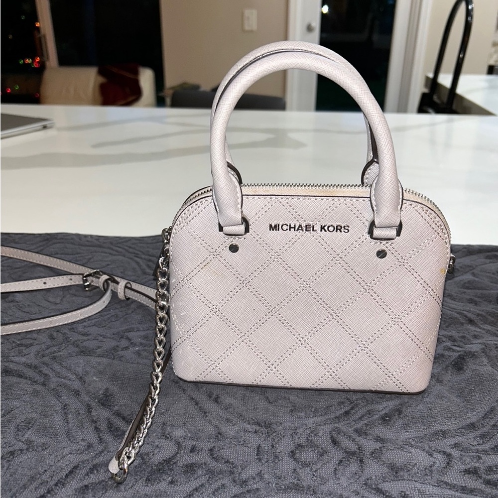 Michael Kors XS Mini Cindy Crossbody Satchel Pearl Gray Saffiano Leather